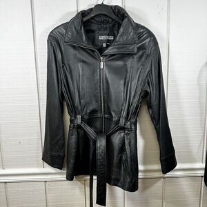Kenneth Cole Reaction Women's M Black Leather Belted Vintage 90s Y2K Jacket